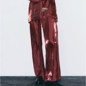 ❣️NWT Zara red shiny straight leg pants sheer lingerie vacation flowy small
